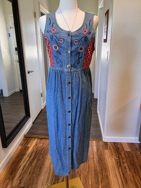 Vintage Embroidered Denim Maxi Dress cottage-core